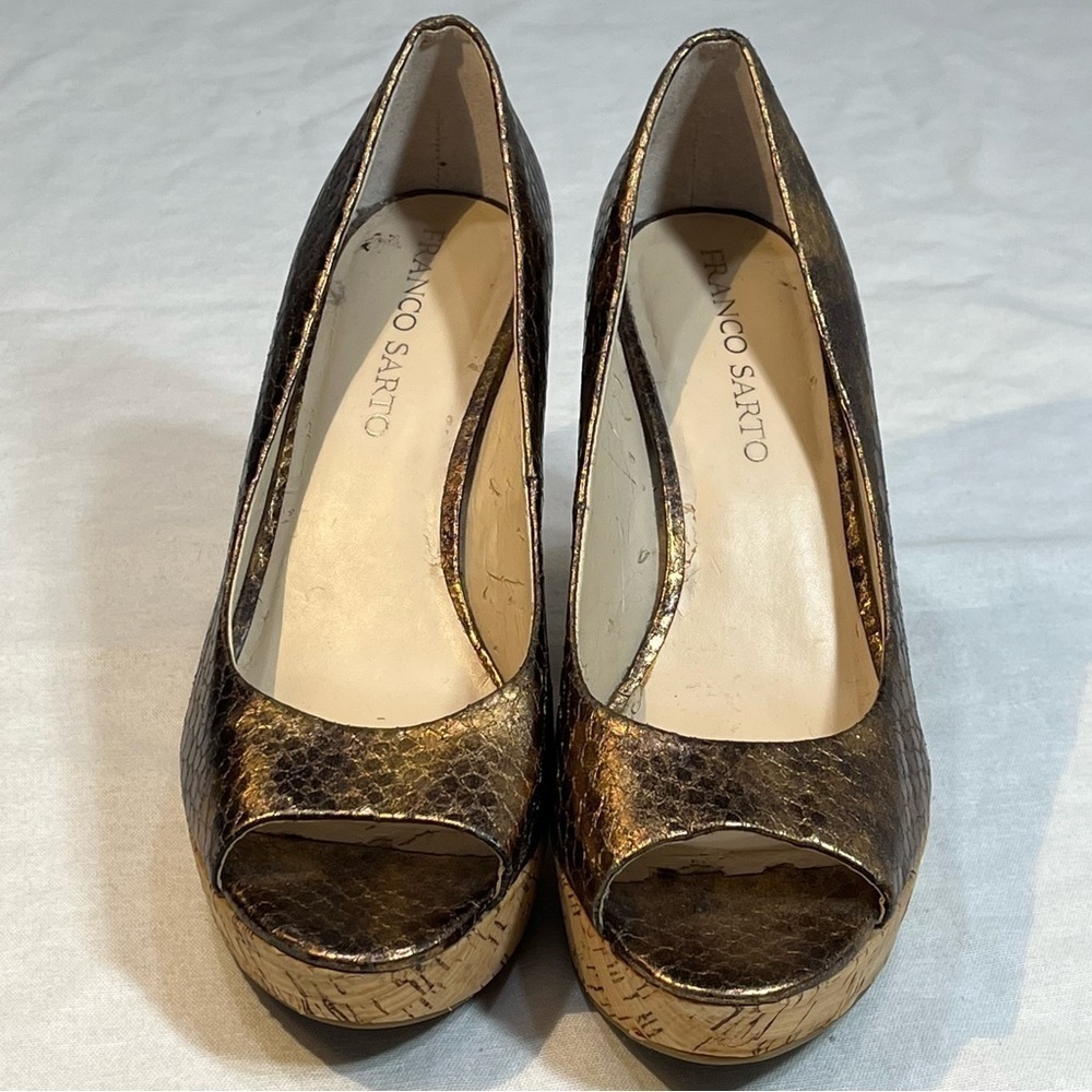 Franco Sarto L-Surf Peep Toe Cork Wedges Heels Metallic Snakeskin Size 8